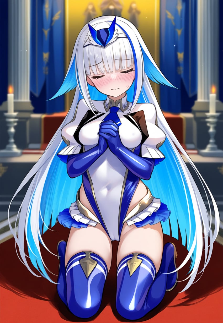 1girl, altar, bangs, blue_footwear, blue_gloves, blue_hair, blunt_bangs, blush