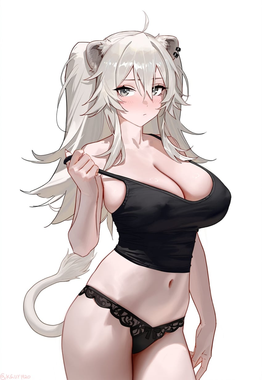 1girl, :/, ahoge, animal_ear_fluff, animal_ear_piercing, animal_ears, bangs, bare_arms