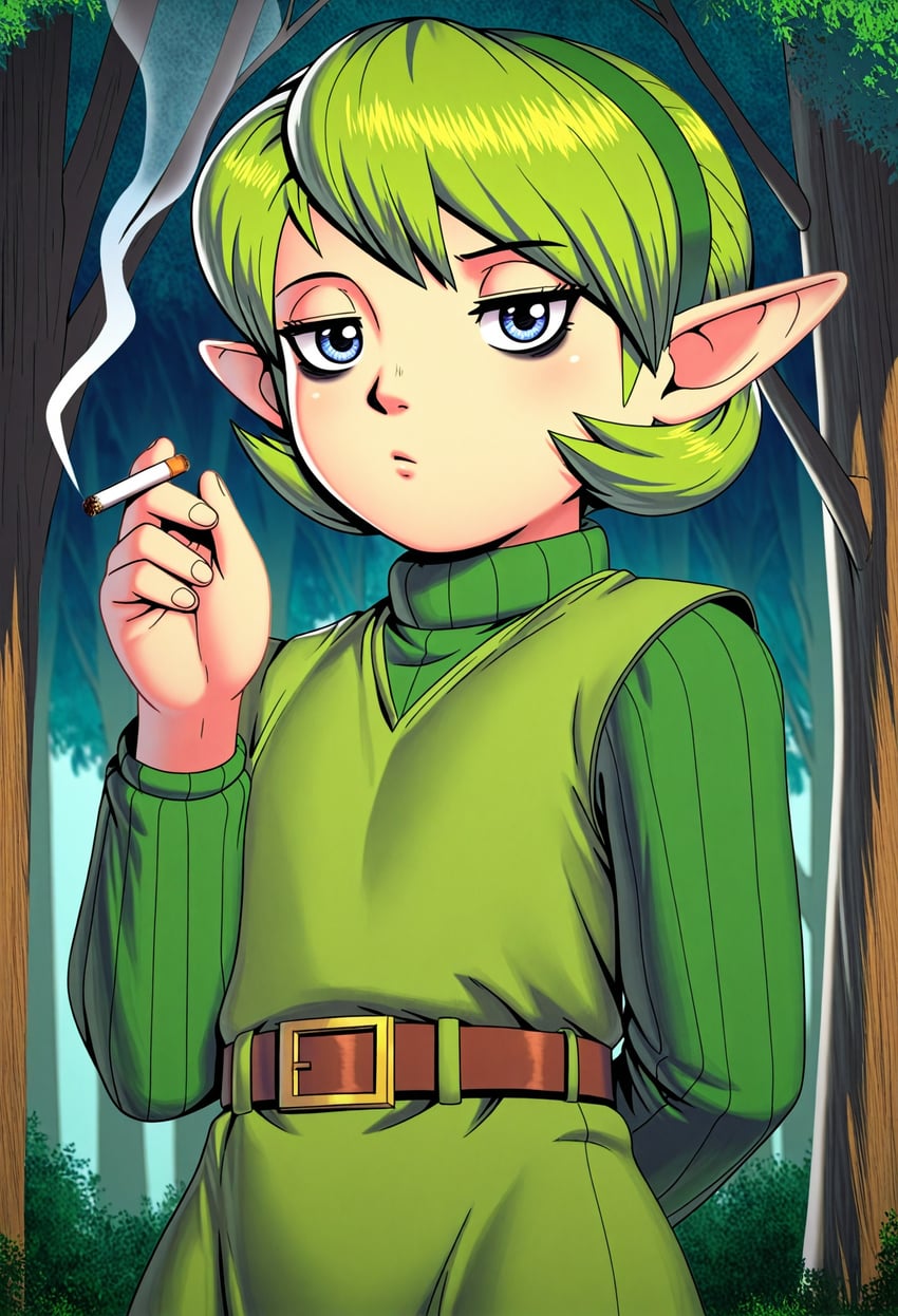 1girl, apostle_(style), arm_behind_back, bags_under_eyes, belt, belt_buckle, blue_eyes, bored