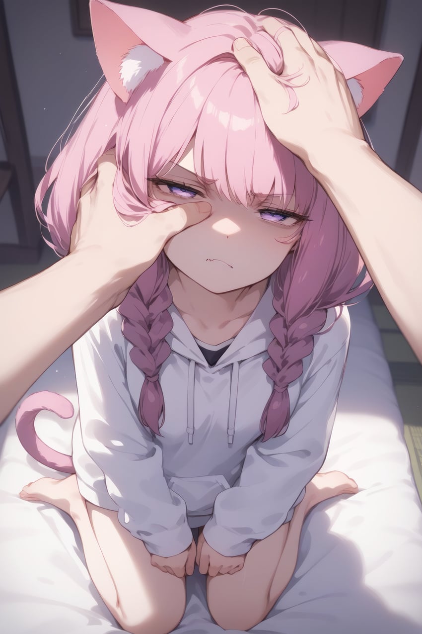 1girl, absurdres, angry, animal_ear_fluff, animal_ears, annoyed, aura_(sousou_no_frieren), bangs, bare_legs, barefoot, bed, bed_sheet, blunt_bangs, braid, cat_ears, cat_girl, cat_tail, closed_mouth, collarbone, drawstring, drowsy_sheep, feet, from_above, frown, full_body, futon, glaring, hair_over_shoulder, half-closed_eyes, hand_on_another's_cheek, hand_on_another's_face, hands_on_another's_head, head_grab, headpat, highres, hood, hood_down, hoodie, indoors, kneeling, long_hair, long_sleeves, looking_at_viewer, looking_up, low_twin_braids, model_request, on_bed, out_of_frame, pink_hair, pov, pov_hands, purple_eyes, scowl, shaded_face, shadow, sitting, sleeves_past_wrists, solo_focus, sousou_no_frieren, tail, tatami, twin_braids, v-shaped_eyebrows, wariza, white_hoodie
