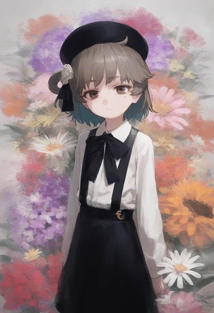 1girl, beret, black_headwear, black_ribbon, black_skirt, brown_eyes, brown_hair, closed_mouth
