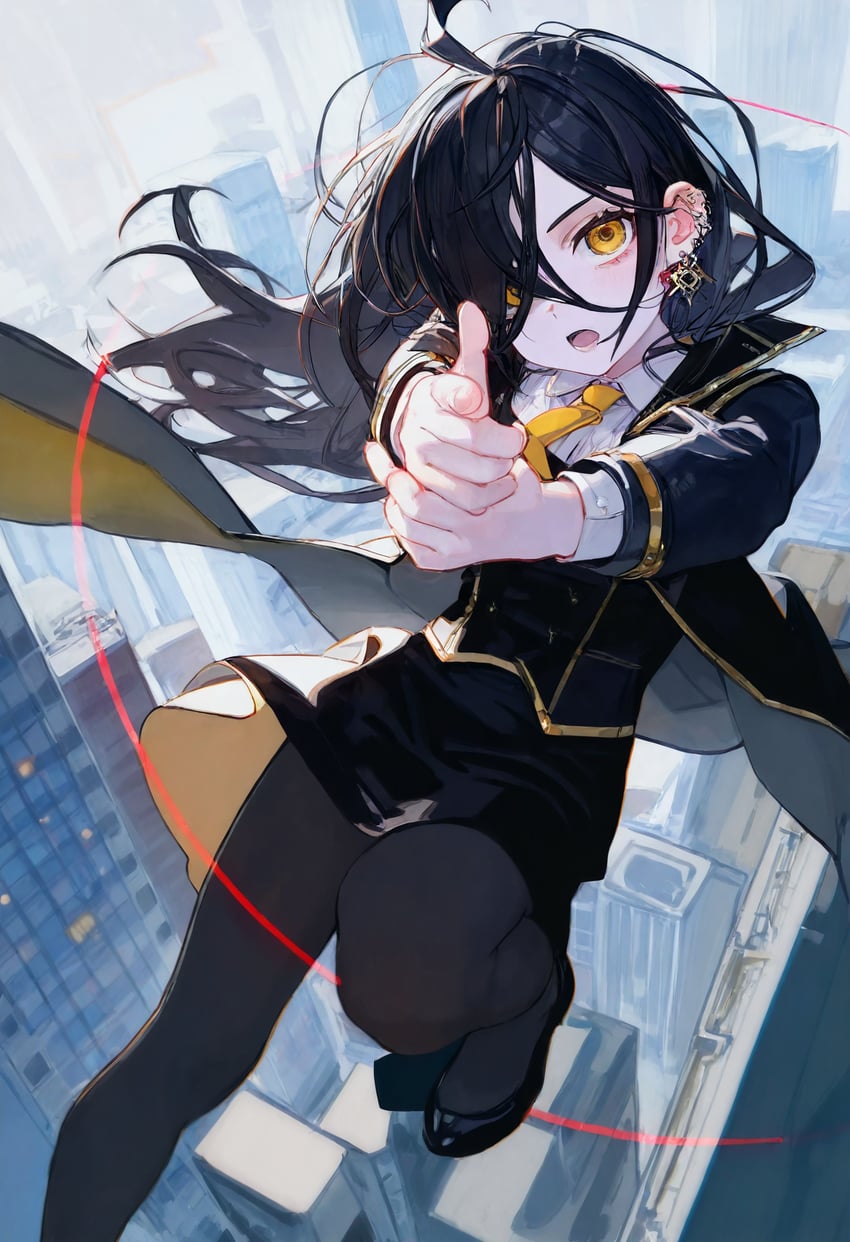 1girl, ahoge, aiming, aiming_at_viewer, bangs, black_footwear, black_hair, black_jacket