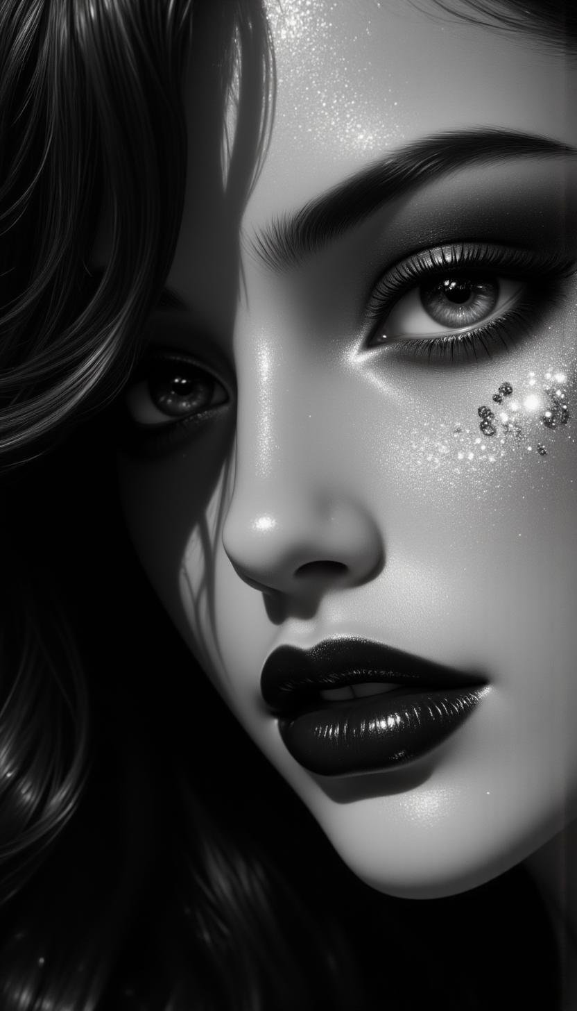1girl, black_hair, close-up, eyelashes, flux, greyscale, lips, lipstick