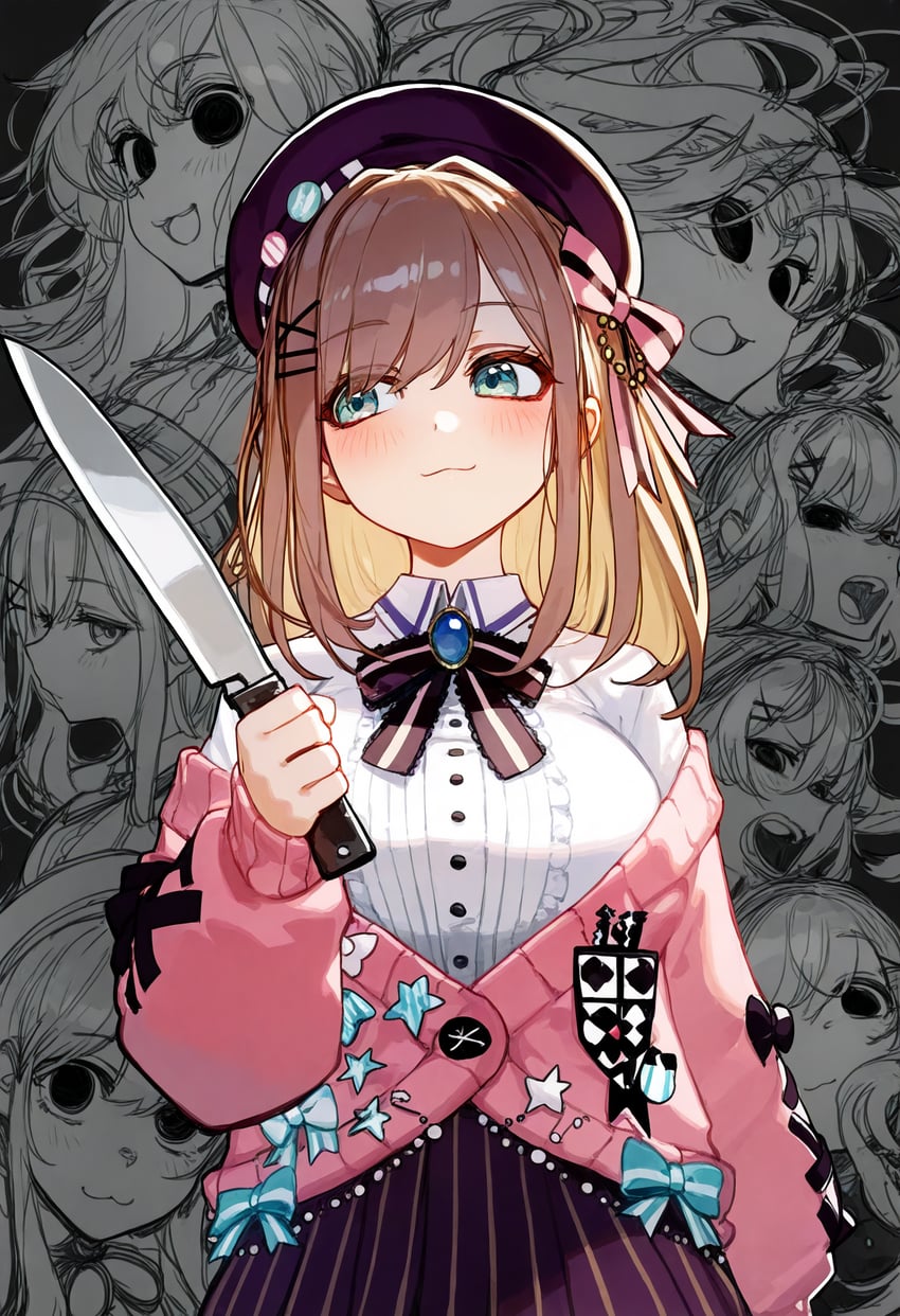 1girl, :3, bangs, beret, blue_eyes, blush, bow, breasts