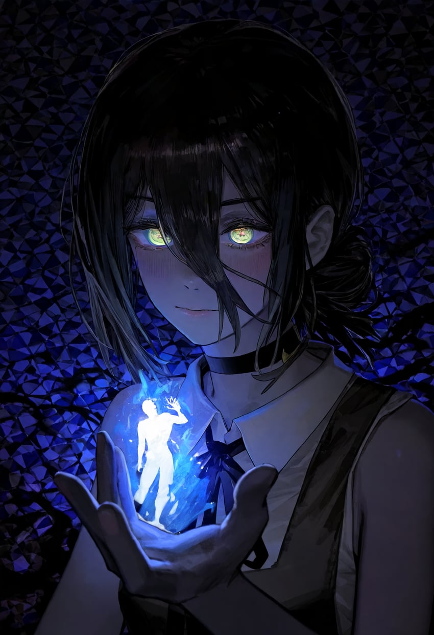 1girl, bare_shoulders, black_choker, black_hair, blush, chainsaw_man, choker, closed_mouth