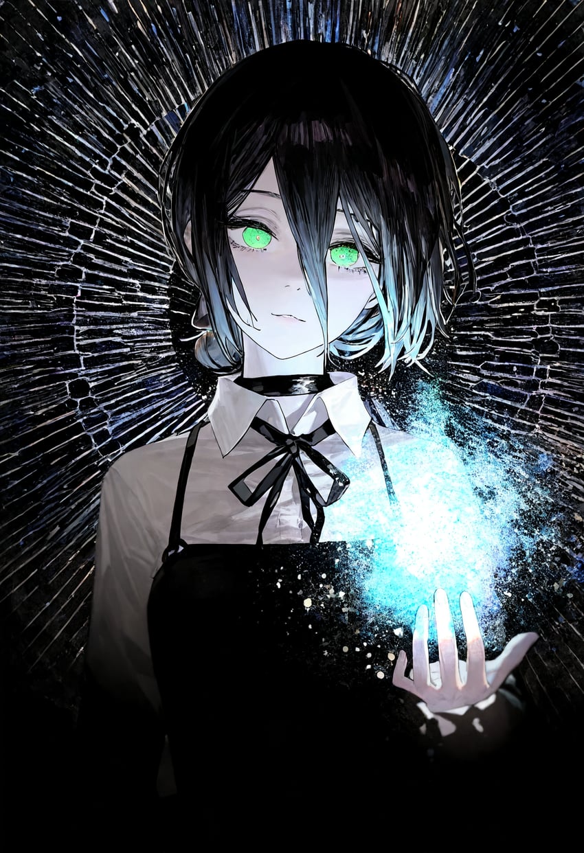 1girl, black_choker, black_hair, black_ribbon, chainsaw_man, choker, collared_shirt, fire