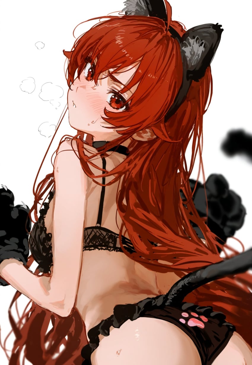 1girl, animal_ear_hairband, animal_ears, animal_hands, ass, bangs, black_bra, black_choker