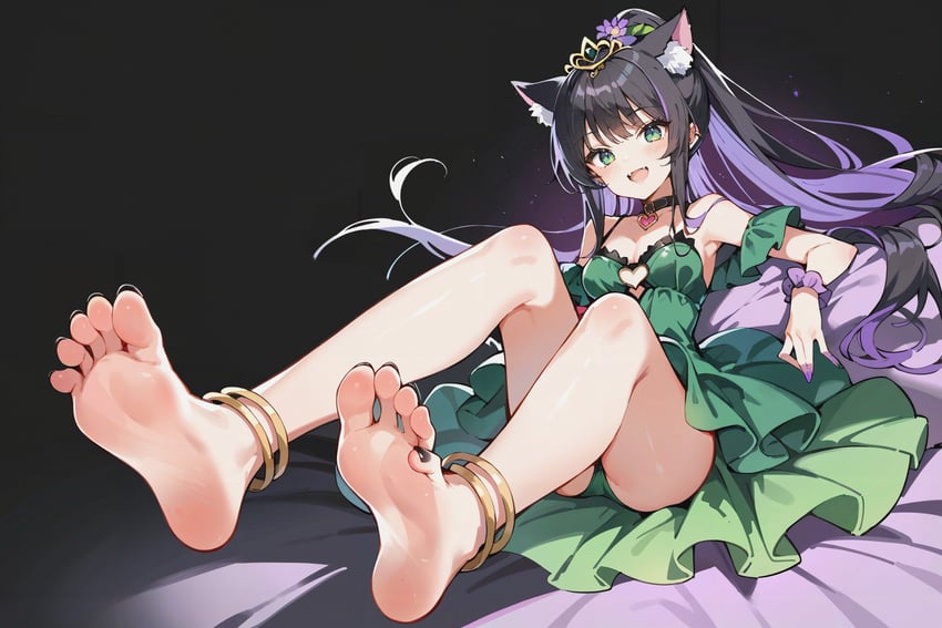 1girl, :d, absurdres, adetailer, animal_ear_fluff, animal_ears, anklet, bare_legs