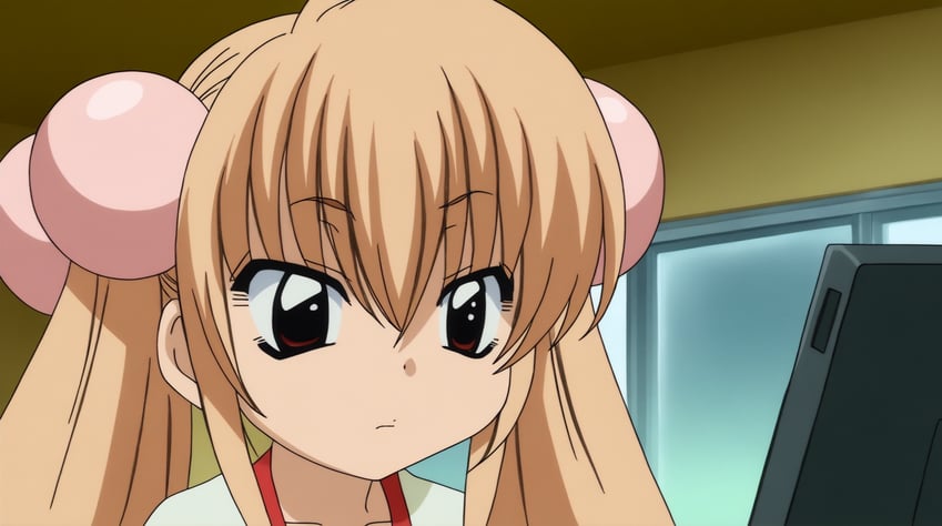 1girl, anime_coloring, brown_eyes, brown_hair, child, closed_mouth, eyebrows_visible_through_hair, hair_between_eyes, hair_bobbles, hair_ornament, illustrious-xl, indoors, kodomo_no_jikan, kokonoe_rin, light_brown_hair, loliconking, long_hair, looking_at_object, lora, monitor, non-web_source, official_style, portrait, self-upload, solo, tsurime, twintails, very_long_hair, window