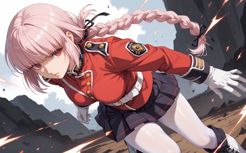 1girl, belt, belt_buckle, black_ribbon, black_skirt, boots, braid, braided_ponytail