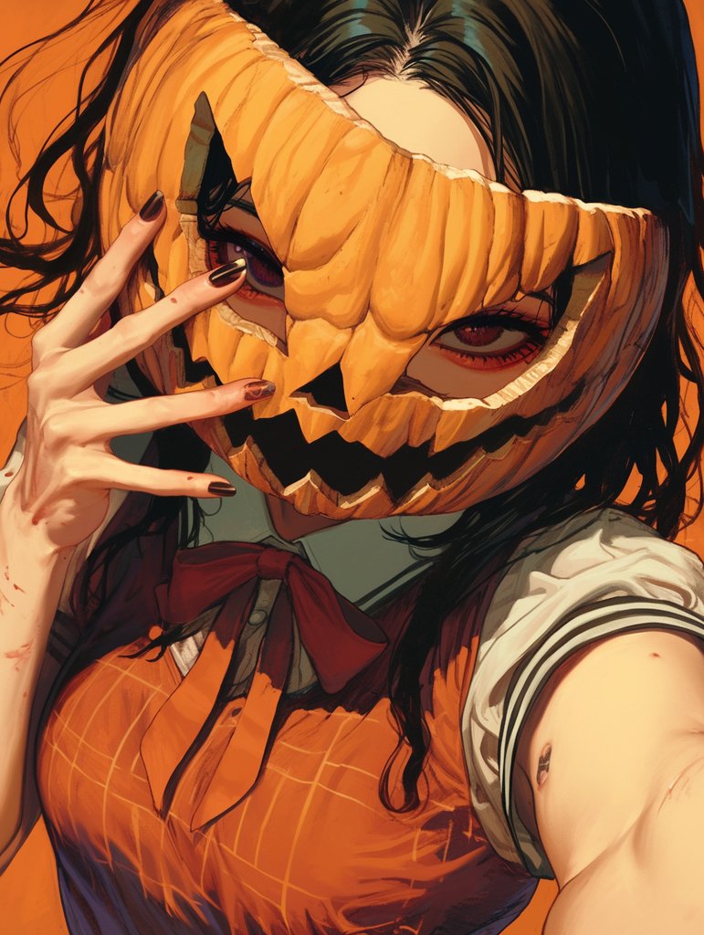 1girl, bangs, black_hair, blood, blood_on_hands, collared_shirt, covered_face, covering_face, eyeshadow, fingernails, food, halloween, hand_on_own_face, holding, holding_food, holding_pumpkin, holding_vegetable, jack-o'-lantern, long_bangs, long_hair, makeup, mask, nail_polish, nijijourney, orange_background, orange_ribbon, orange_theme, orange_vest, original, pumpkin, red_eyes, red_eyeshadow, ribbon, shirt, short_sleeves, simple_background, solo, tsurime, vegetable, vest, zampy68