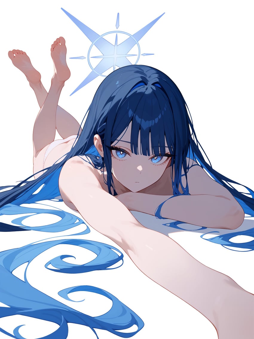 1girl, bangs, blue_archive, blue_eyes, blue_hair, blue_halo, cross_halo, crossed_ankles