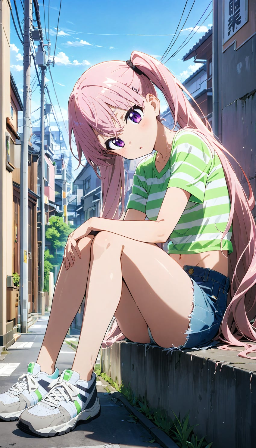 1girl, 7th_anime_xl-pony, absurdres, bad_hands, bare_legs, blue_sky, breasts, cloud