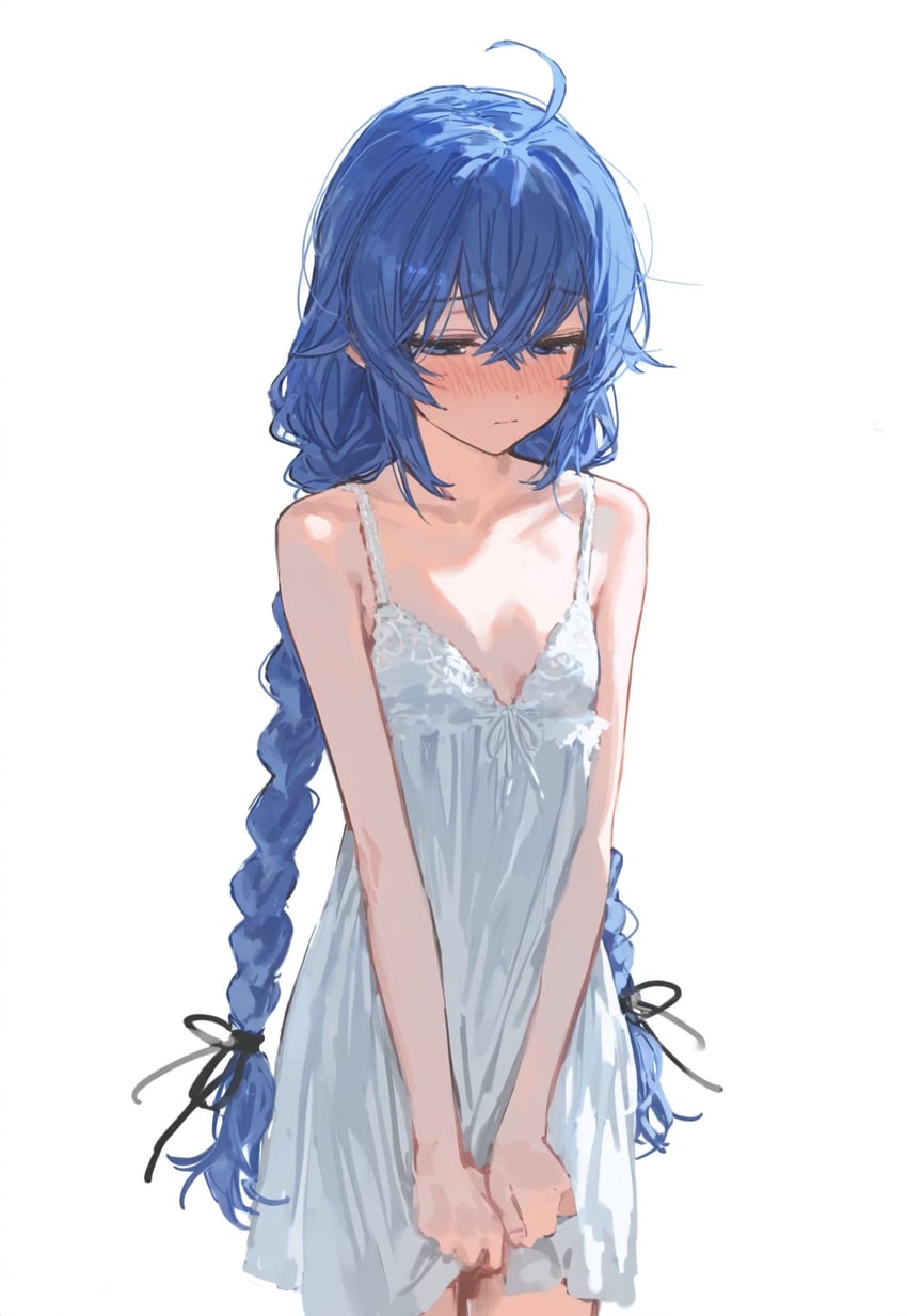 1girl, ahoge, bangs, bare_shoulders, black_ribbon, blue_eyes, blue_hair, blush