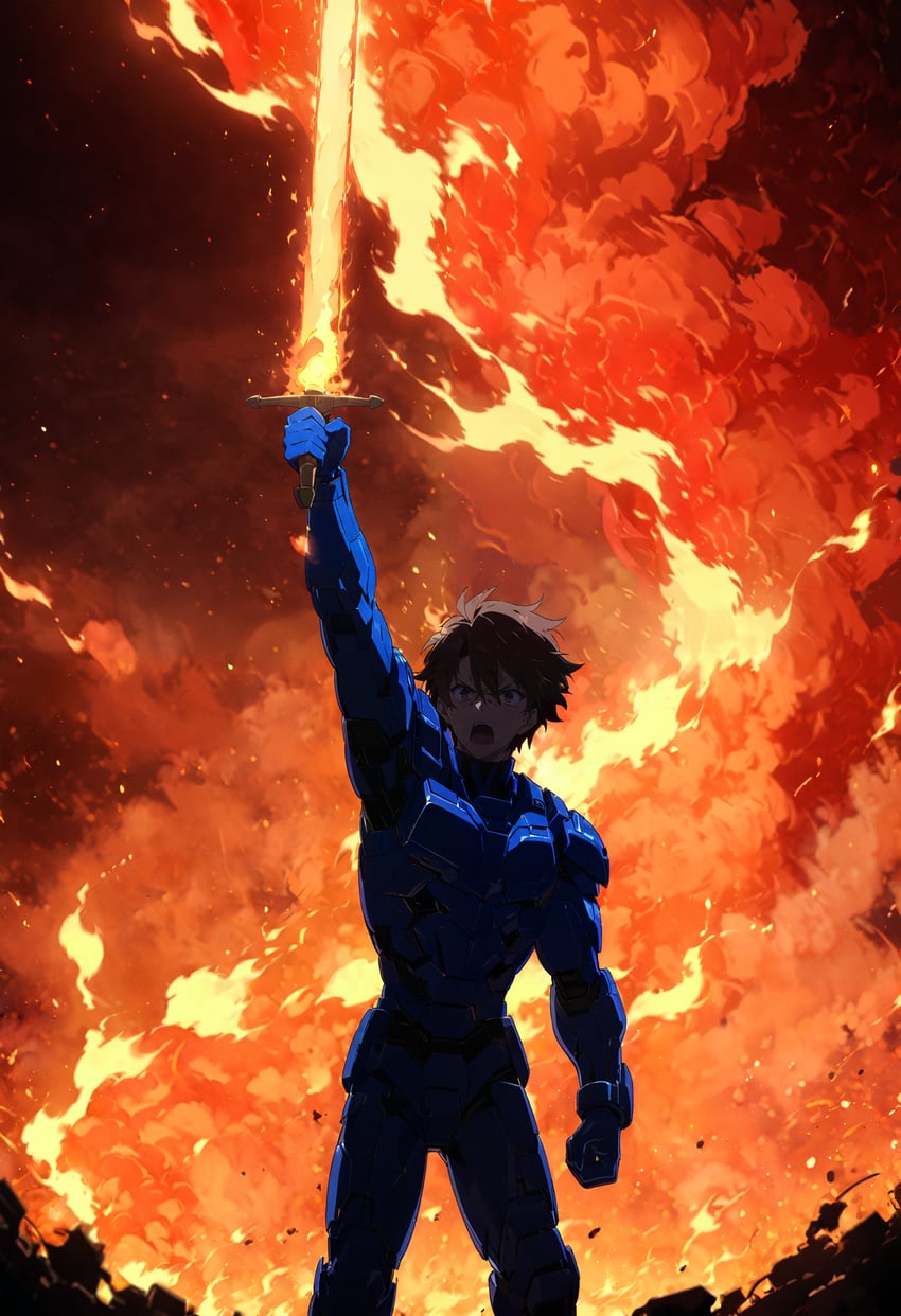 1boy, 7th_anime_xl-pony, absurdres, arm_at_side, arm_up, armor, backlighting, blue_armor