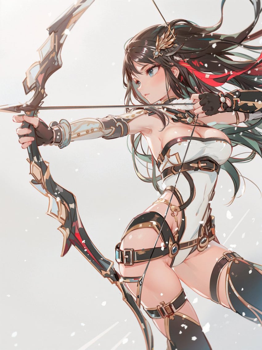 1girl, armor, armpits, arrow_(projectile), black_gloves, bow_(weapon), breasts, brown_hair