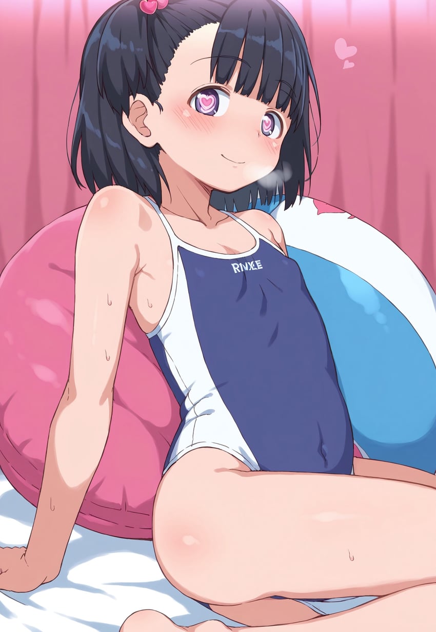 1girl, absurdres, autismmix, black_hair, blue_one-piece_swimsuit, blush, brown_eyes, closed_mouth