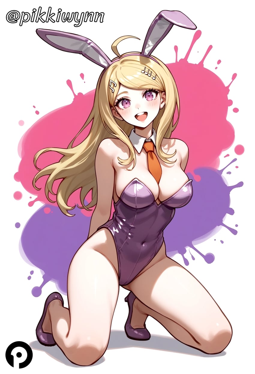 1girl, :d, ahoge, akamatsu_kaede, animal_ears, blonde_hair, blush, breasts
