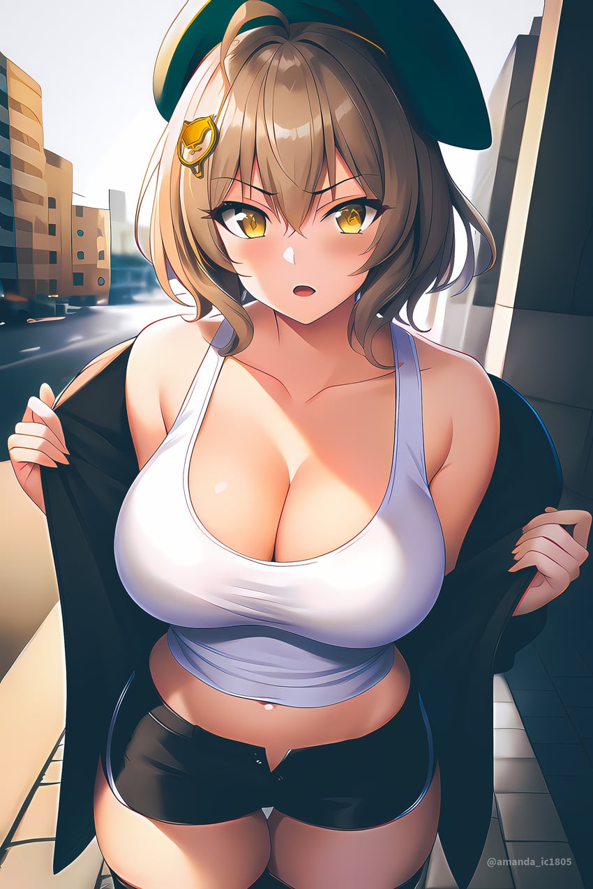 1girl, absurdres, ahoge, amanda_ic1805, anis_(nikke), anything_(model), artist_name, bangs, bare_shoulders, beret, blush, breasts, brown_hair, building, cat_hair_ornament, cleavage, collarbone, cowboy_shot, eyebrows_visible_through_hair, goddess_of_victory:_nikke, hair_ornament, hat, highres, incredibly_absurdres, jacket, large_breasts, looking_at_viewer, metadata_request, midriff, navel, open_mouth, outdoors, road, short_hair, short_shorts, shorts, skindentation, solo, street, thighhighs, thighs, yellow_eyes