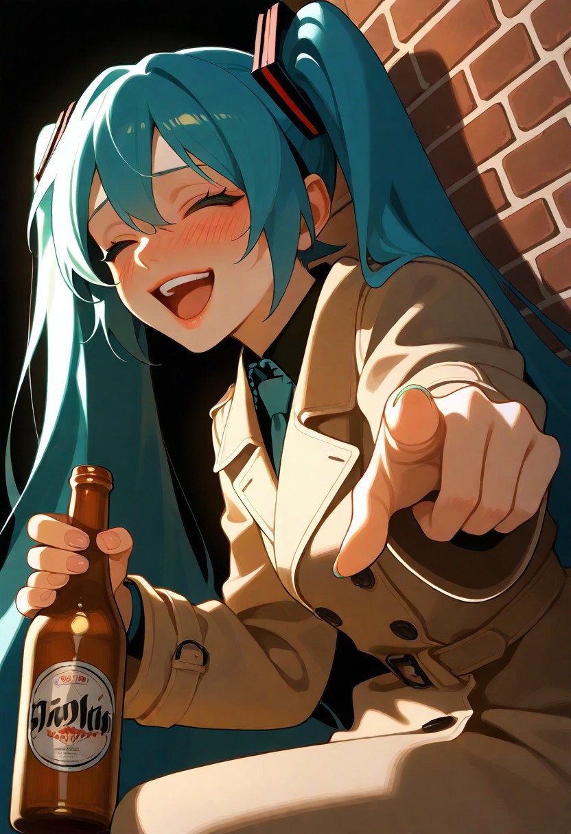 1girl, :d, ^_^, aqua_hair, aqua_nails, aqua_necktie, beer_bottle, blush