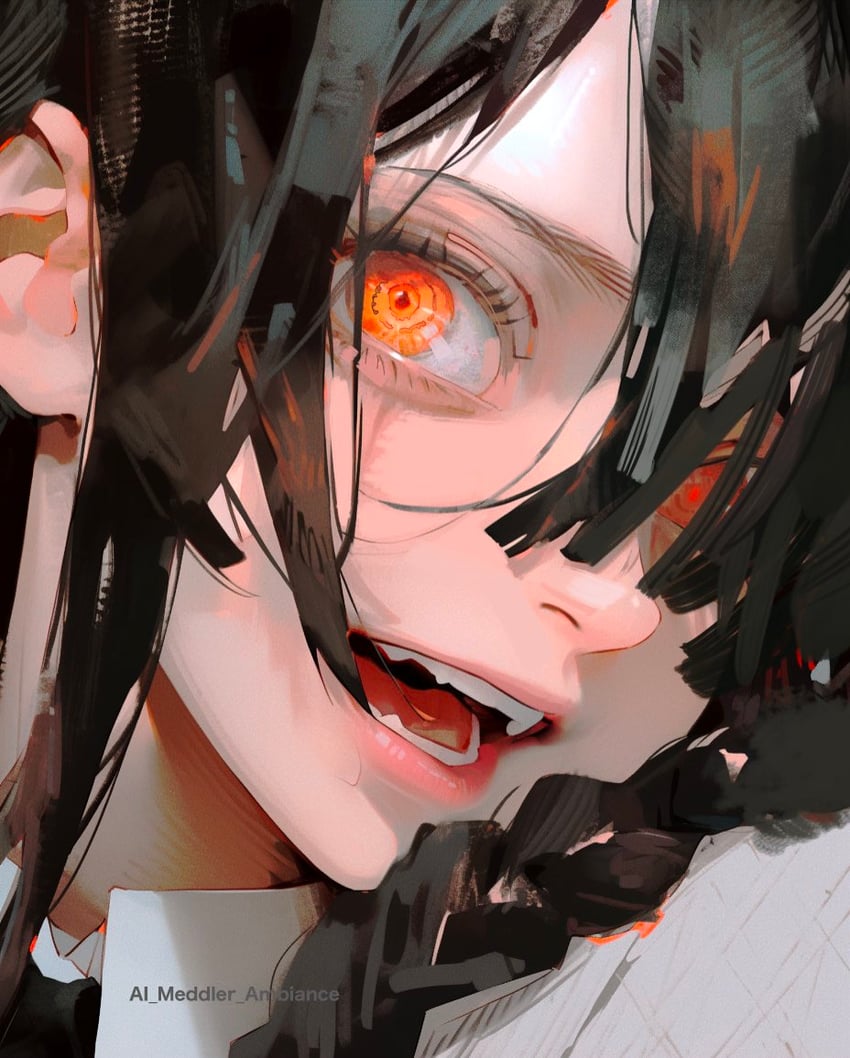 1girl, ai_meddler, artist_name, bangs, black_hair, chainsaw_man, close-up, collared_shirt