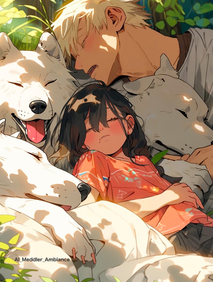 1boy, 1girl, ai_meddler, animal, blush, chainsaw_man, closed_eyes, dappled_sunlight
