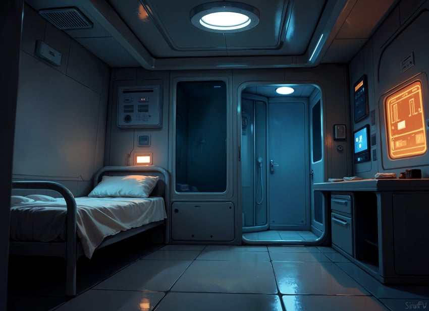 absurdres, artist_name, bed, bedroom, ceiling_light, desk, door, first-party_edit