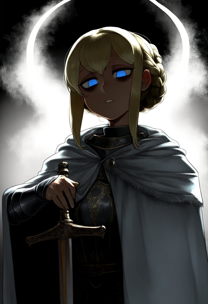 1girl, armor, blonde_hair, blue_eyes, braid, braided_bun, cape, french_braid