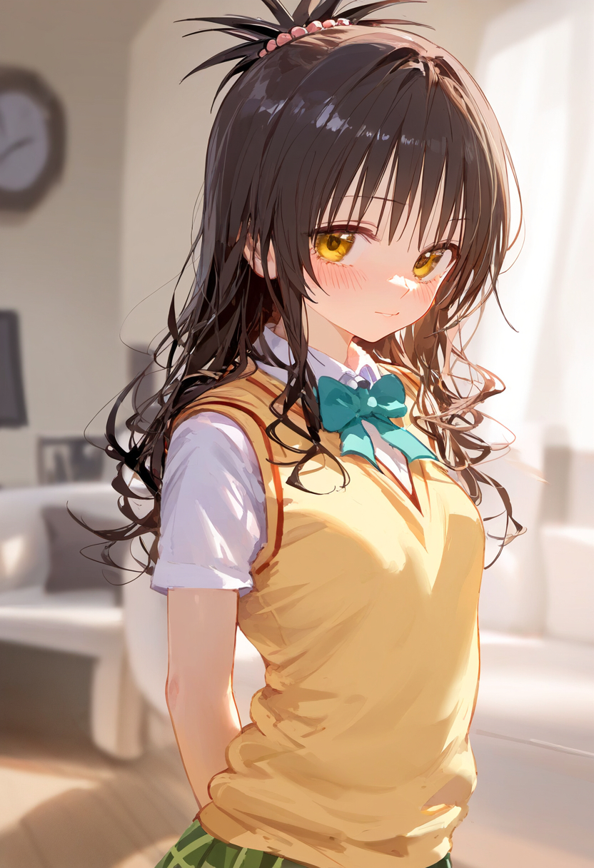 1girl, akira_sato, aqua_bow, aqua_bowtie, arms_behind_back, bangs, blurry, blurry_background