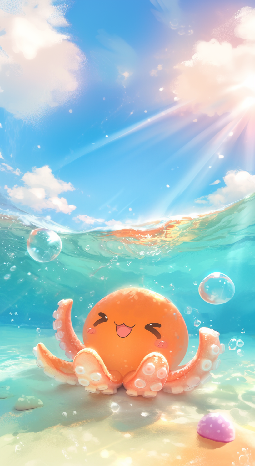 :d, >_<, air_bubble, animal, animal_focus, arms_up, beach, blue_sky, blush, blush_stickers, bubble, caustics, closed_eyes, cloud, commentary, day, facing_viewer, full_body, happy, light_rays, model_request, no_humans, ocean, octopus, on_ground, open_mouth, original, outdoors, outstretched_arms, rock, sand, sazeth, seashell, shadow, shell, sky, smile, solo, sun, sunbeam, sunlight, symbol-only_commentary, tentacles, underwater, water