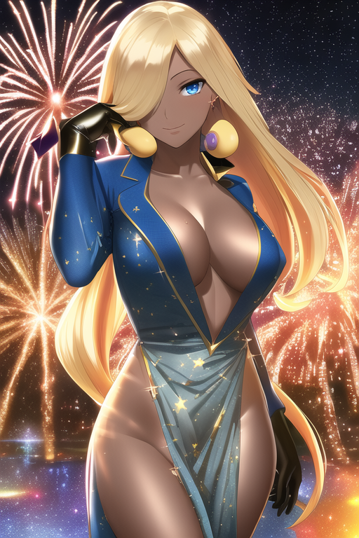 1girl, aerial_fireworks, aurora, blonde_hair, blue_eyes, blurry, breasts, building