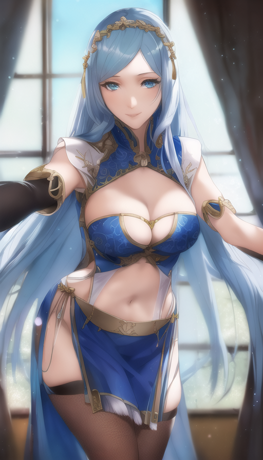 1girl, azura_(fire_emblem), blue_eyes, blue_hair, blurry, blurry_background, breasts, bustier, cleavage, cleavage_cutout, closed_mouth, clothing_cutout, commentary, curtains, english_commentary, fire_emblem, fire_emblem_fates, gold_trim, hairband, indoors, long_hair, looking_at_viewer, medium_breasts, navel, non-web_source, novelai, pelvic_curtain, reaching_towards_viewer, self-upload, smile, solo, standing, straight_hair, thighhighs, thighs, vcrossfire, very_long_hair, window