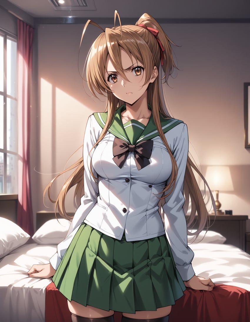 1girl, absurdres, antenna_hair, bed, booby5291, breasts, brown_hair, collarbone