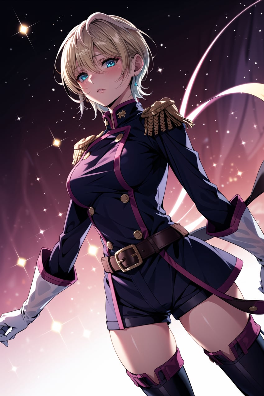 1girl, belt, belt_buckle, blonde_hair, blue_eyes, blush, booby5291, boots