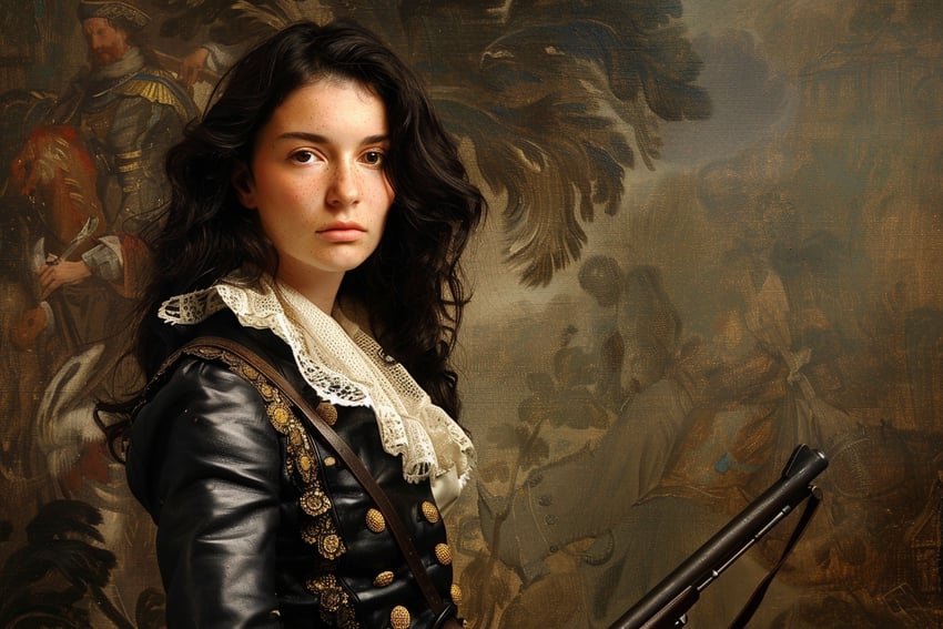 17th_century, 1girl, androgynous, baroque_(style), black_hair, braid, buttons, closed_mouth