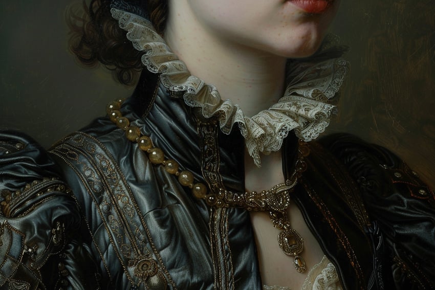 17th_century, 1girl, baroque_(style), black_dress, breasts, cleavage, close-up, dress