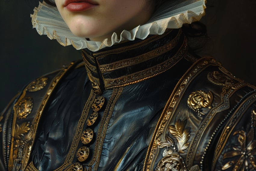 17th_century, 1girl, androgynous, baroque_(style), black_background, close-up, closed_mouth, head_out_of_frame