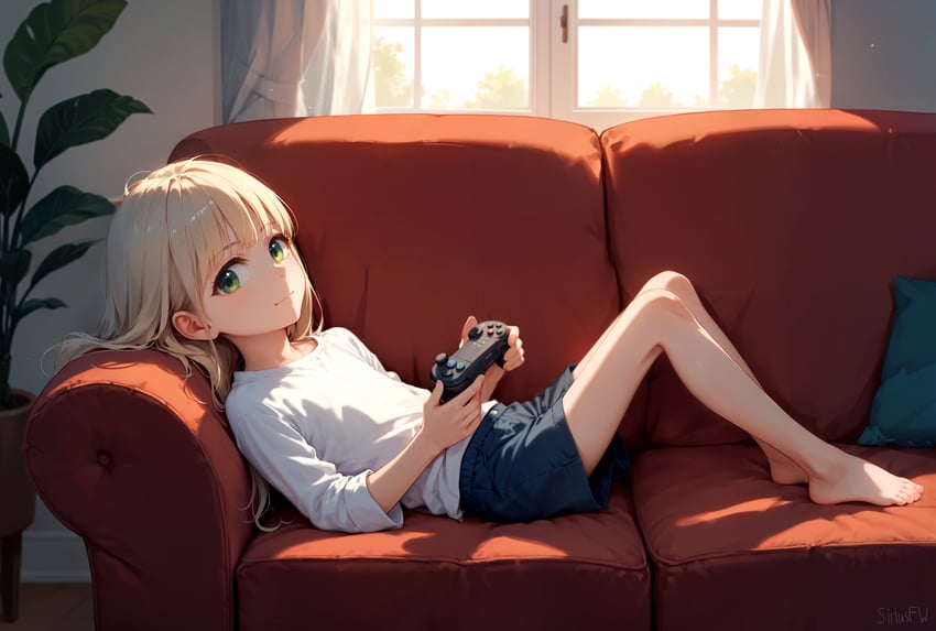 1girl, absurdres, artist_name, bare_legs, barefoot, blonde_hair, controller, couch