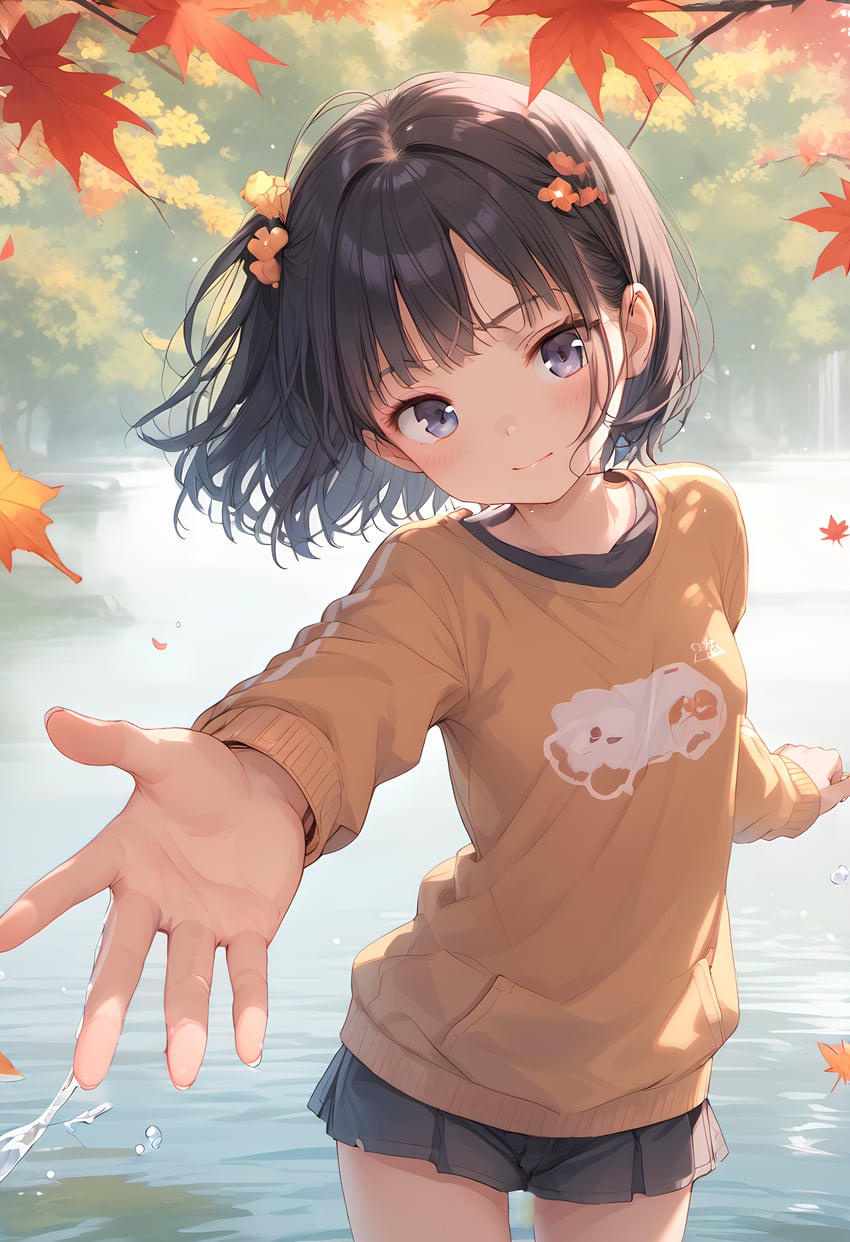 1girl, absurdres, amagaeru, autumn, autumn_leaves, bangs, black_hair, blush