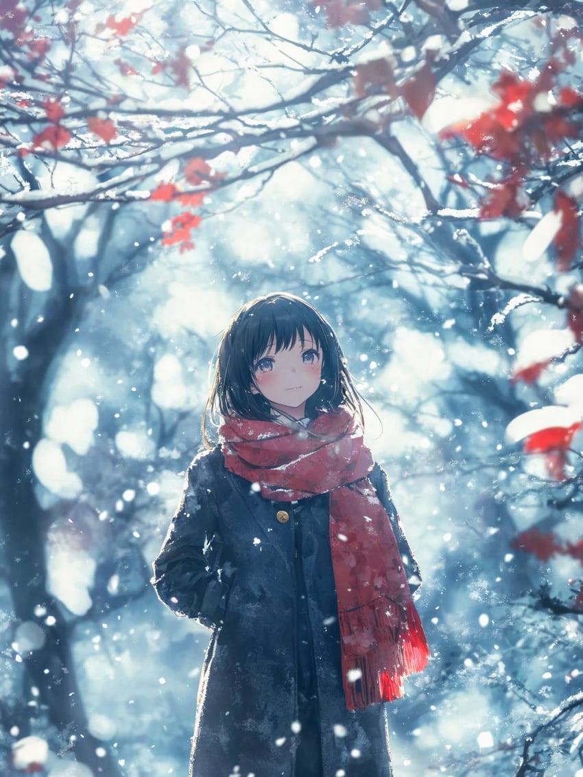 1girl, bangs, bare_tree, black_hair, blurry, blurry_background, blush, closed_mouth, coat, commentary, foliage, hands_in_pockets, highres, japanese_commentary, long_hair, model_request, original, red_scarf, scarf, snow, snowing, solo, tabihapanorama, tree, winter, winter_clothes, winter_coat