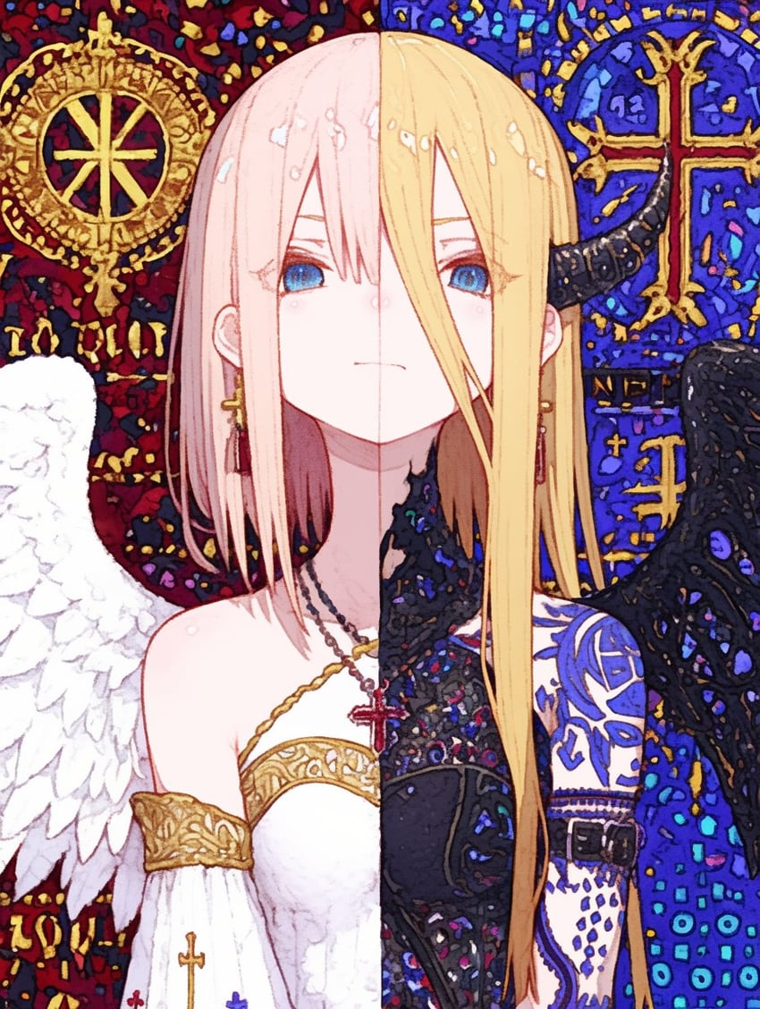 1girl, angel, angel_wings, armlet, black_dress, black_wings, blonde_hair, blue_eyes