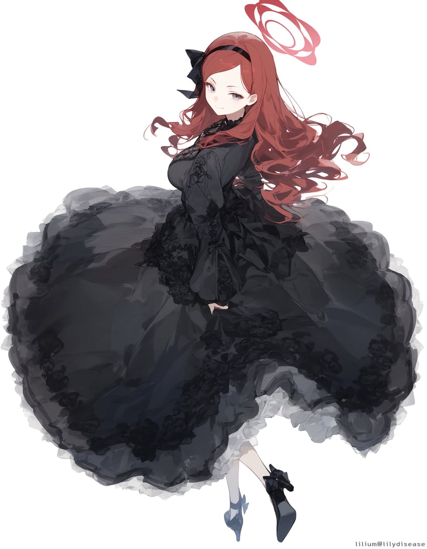1girl, alternate_costume, artist_name, black_dress, black_footwear, blue_archive, bow, closed_mouth, dress, frilled_dress, frills, full_body, goth_fashion, gothic_lolita, hair_bow, hairband, halo, high_heels, highres, juliet_sleeves, lilium_(lilydisease), lolita_fashion, long_hair, long_sleeves, looking_at_viewer, model_request, puffy_sleeves, red_eyes, red_hair, ribbon, shoes, simple_background, solo, standing, takane_(blue_archive), white_background