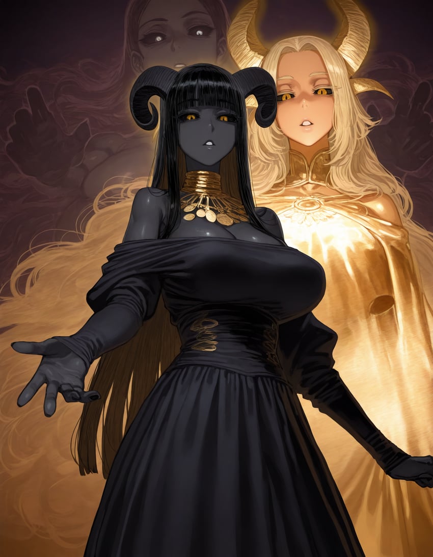 3girls, adetailer, bangs, bare_shoulders, black_dress, black_gloves, black_hair, black_sclera