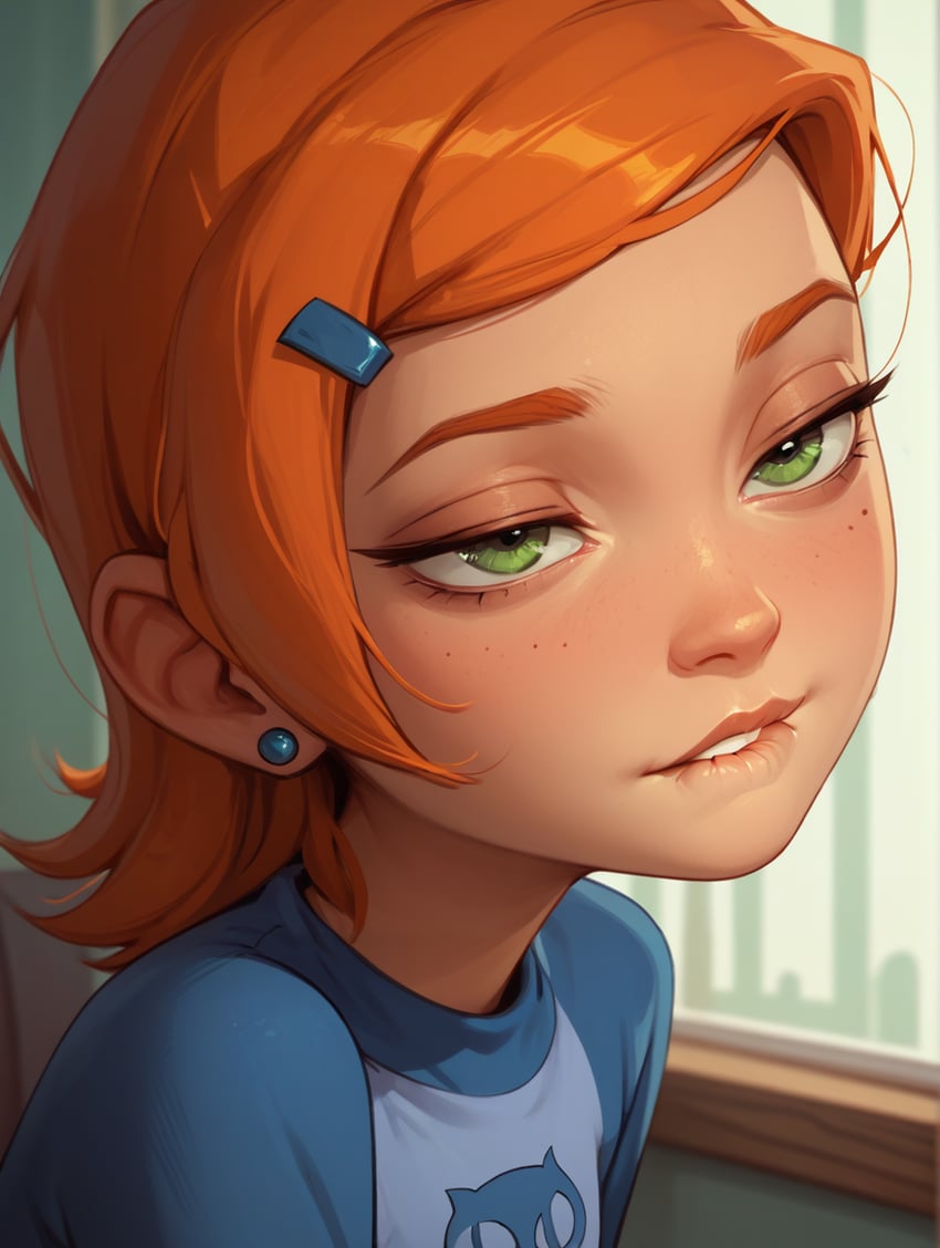 1girl, adetailer, ben_10, biting, blue_shirt, blush, earrings, freckles, green_eyes, gwen_tennyson, hair_ornament, hairclip, half-closed_eyes, inpainted, jewelry, lip_biting, looking_at_viewer, lora, model_request, orange_hair, portrait, print_shirt, raglan_sleeves, shirt, short_hair, solo, stud_earrings, tamakeri_(user_cuwr3883)