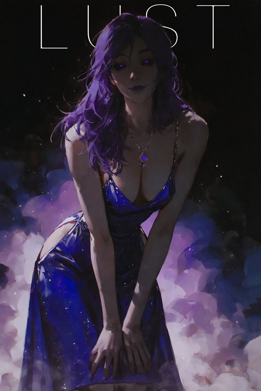 1girl, bare_shoulders, black_sclera, blue_dress, breasts, cleavage, closed_mouth, colored_sclera, cowboy_shot, dress, earrings, hands_on_own_thighs, highres, jewelry, large_breasts, leaning_forward, lipstick, long_hair, looking_at_viewer, lora, makeup, medium_breasts, necklace, noobai-xl, original, plunging_neckline, purple_eyes, purple_hair, purple_lips, seven_deadly_sins, sleeveless, sleeveless_dress, solo, v_arms, witcher_hannibal