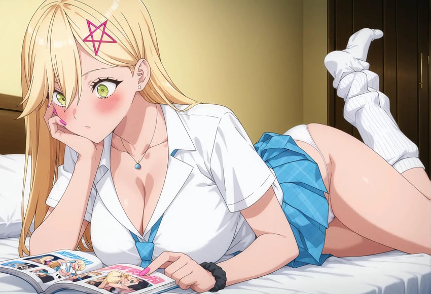 1girl, 2.5_jigen_no_ririsa, absurdres, blonde_hair, breasts, cleavage, gyaru, highres, hubanjo, incredibly_absurdres, kisaki_aria, large_breasts, model_request, nail_polish, on_bed, panties, pentagram_hair_ornament, pleated_skirt, school_uniform, skirt, socks, solo, underwear, uniform