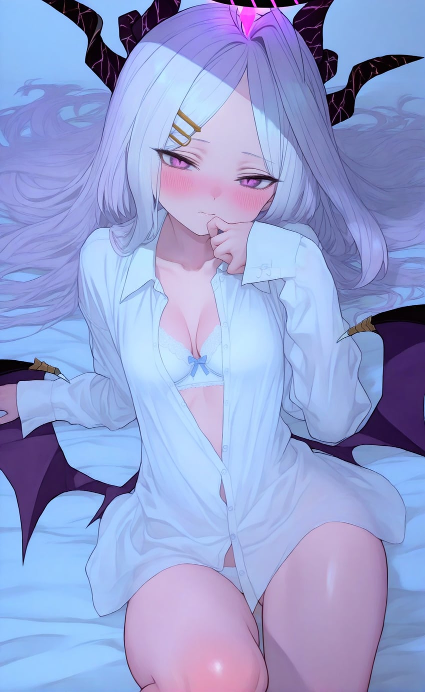 1girl, bangs, black_horns, blue_archive, blush, bra, breasts, buttons