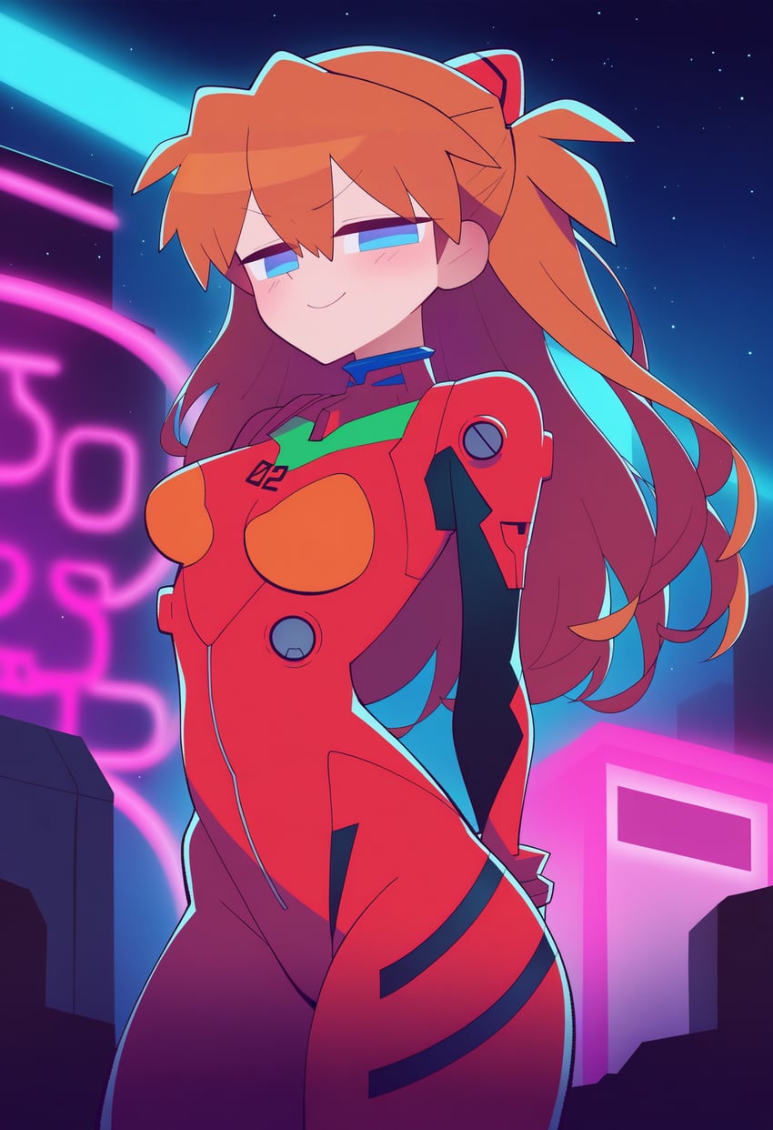 1girl, adetailer, arms_behind_back, blue_eyes, blush, bodysuit, bracer, breasts