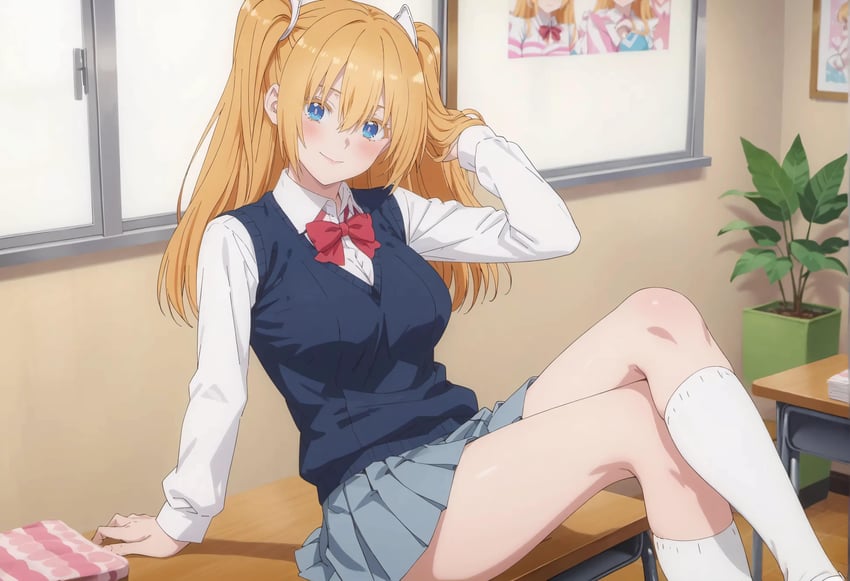 1girl, 2.5_jigen_no_ririsa, absurdres, amano_ririsa, bangs, blonde_hair, blush, breasts, closed_mouth, colored_eyelashes, cosplay, hair_between_eyes, highres, hubanjo, incredibly_absurdres, large_breasts, liliel_(2.5_jigen_no_ririsa), liliel_(2.5_jigen_no_ririsa)_(cosplay), long_sleeves, model_request, pleated_skirt, red_ribbon, ribbon, school_uniform, shirt, sitting, skirt, socks, solo, sweater, thighs, two_side_up, white_shirt, white_socks