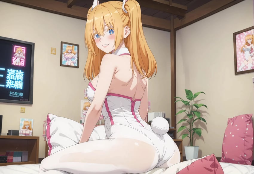 1girl, 2.5_jigen_no_ririsa, absurdres, amano_ririsa, ass, backless_outfit, bangs, blonde_hair, blue_eyes, blush, breasts, colored_eyelashes, cosplay, cross-shaped_pupils, hair_between_eyes, highres, hubanjo, incredibly_absurdres, indoors, large_breasts, liliel_(2.5_jigen_no_ririsa), looking_at_viewer, looking_back, model_request, on_bed, photo_(object), pillow, plant, potted_plant, rabbit_tail, see-through, smile, solo, tail, teeth, television, two_side_up